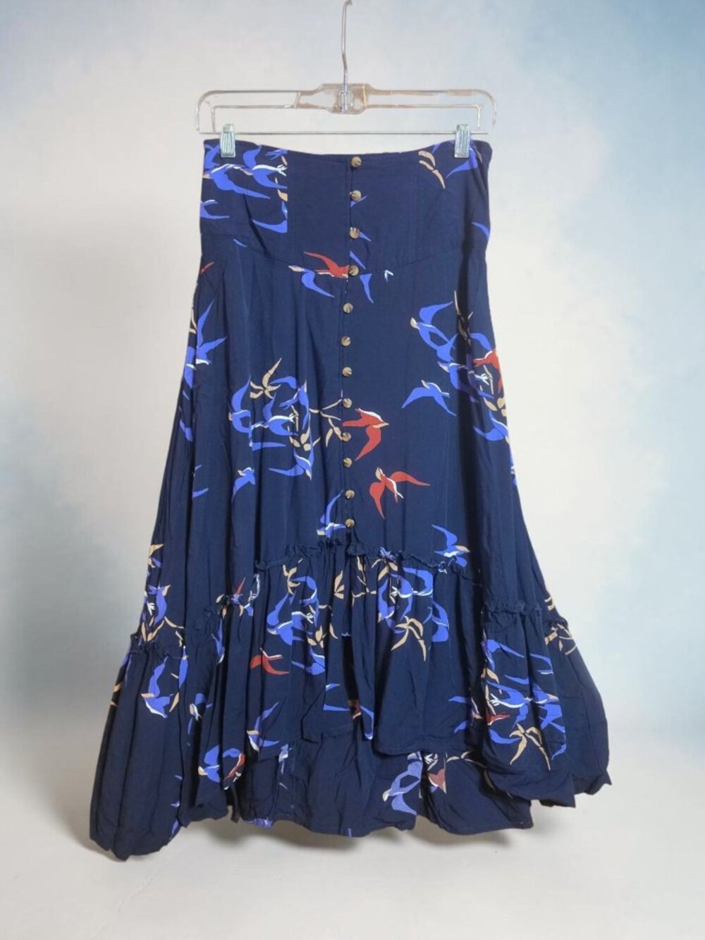 Anthropologie Maeve Merida Bird Print Flounced Midi Skirt Navy Blue Boho Size 0